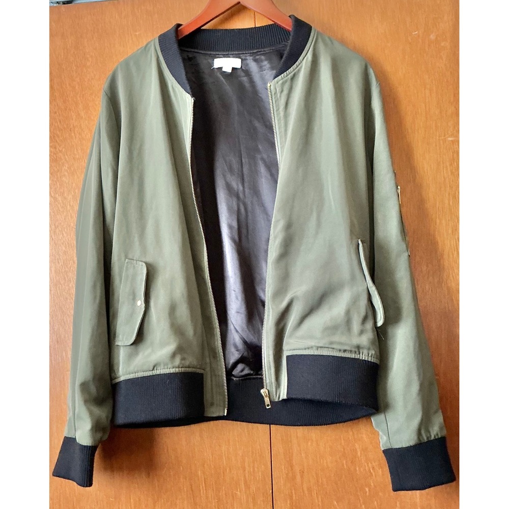 Olivia Grey Womens Olive Green Bomber Jacket L Retro Sporty Military Style - Picture 3 of 9